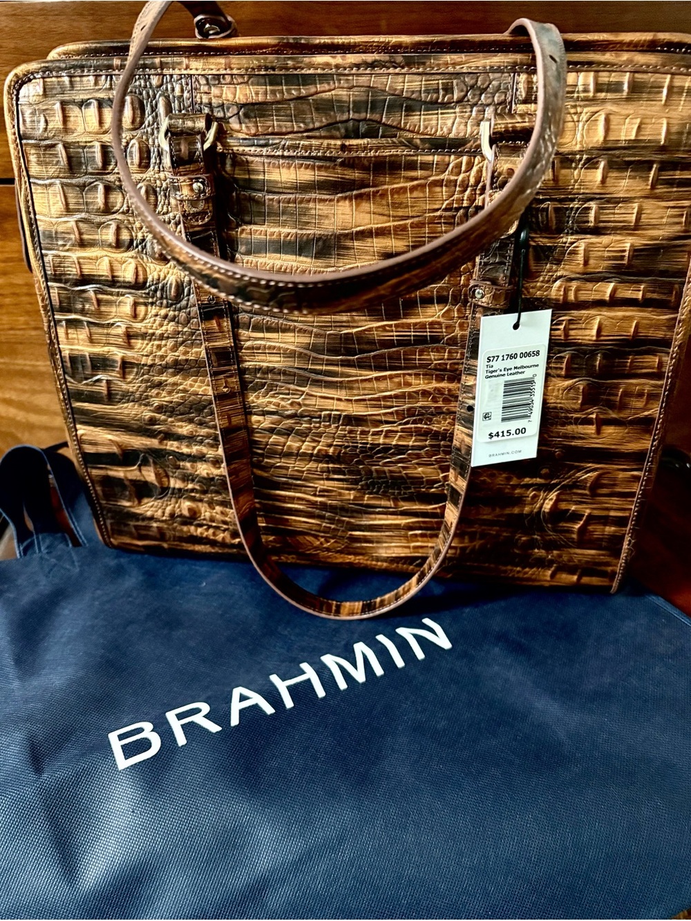 Brahmin Tia Melbourne Tigers Eye Croc-Embossed Leather Tote Shopper NEW